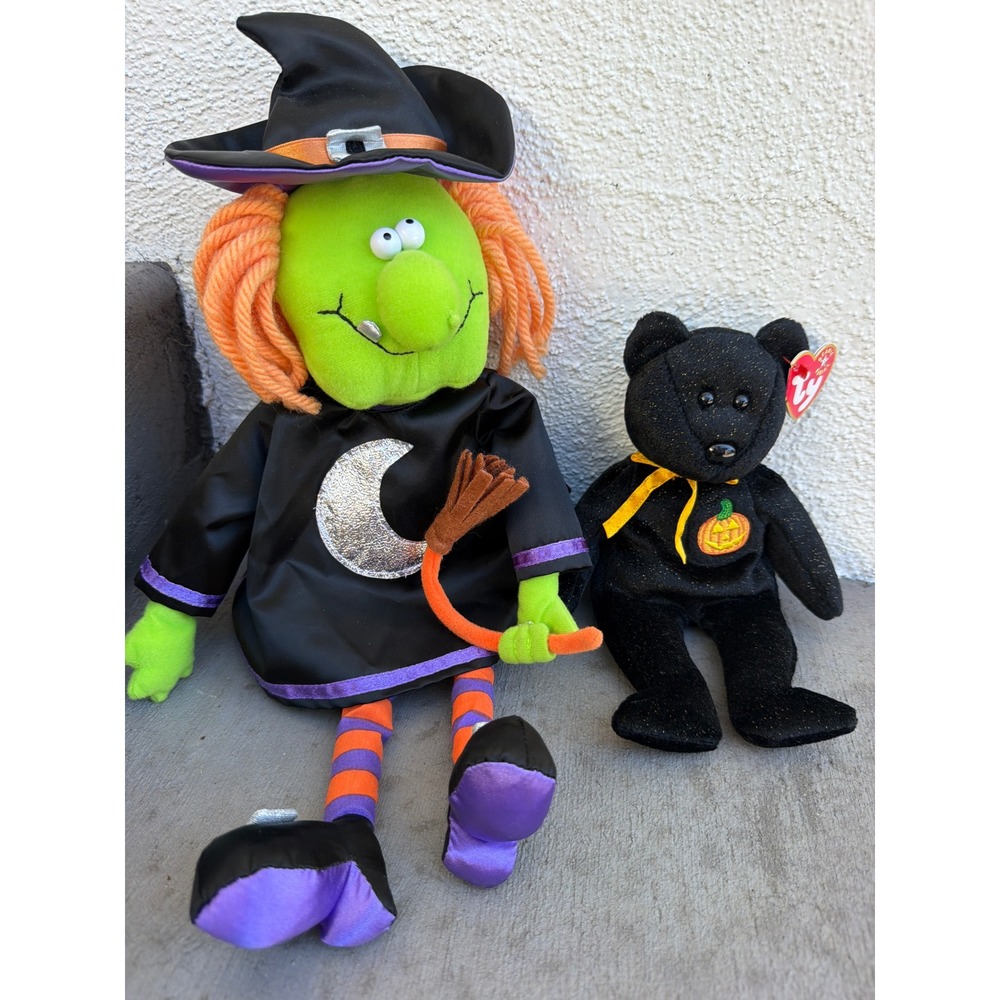 Hallmark Plush Lot Halloween Witch & Haunt Black Bear Beanie Baby Bundle Spooky